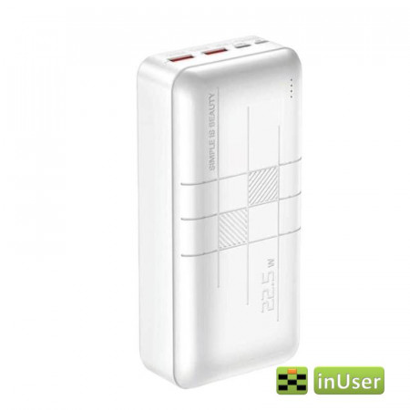 Портативная батарея (Power Bank, УМБ) XO PR189 (30000mAh / Out: 2USB-A 22.5W QC3.0, Type-C PD 20W / In: micro-USB, Type-C 18W ) с LED индикатором, Белый