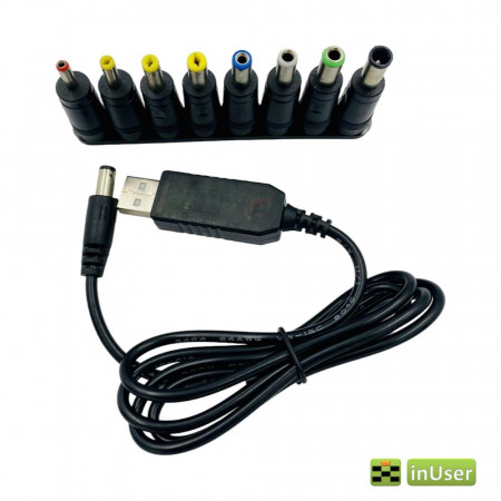 Кабель повышающий напряжение USB 5V на 12V DC 5.5 х 2.1 мм + комплект переходников для питания роутеров и др устройств от Power Bank