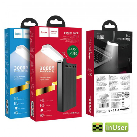 Портативная батарея (Power Bank, УМБ) Hoco J62 Jove Table Lamp (30000 mAh / Out: 2USB 5V/2A / In: Type-C, micro-USB 5V/2A) с LED индикатором, Чёрный