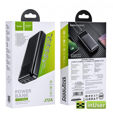 Портативная батарея (Power Bank, УМБ) Hoco J72A Easy travel (20000 mAh / Out: 2USB 5V/2A / In: Type-C, micro-USB 5V/2A ) с LED индикатором, Чёрный