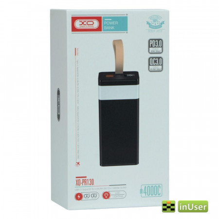 Портативная батарея (Power Bank, УМБ) XO PR130 (40000mAh / Out: 2xUSB-A 22.5W QC3.0,Type-C PD 20W / In: micro-USB, Type-C 18W ) с LED Дисплеем и фонариком, Чёрный