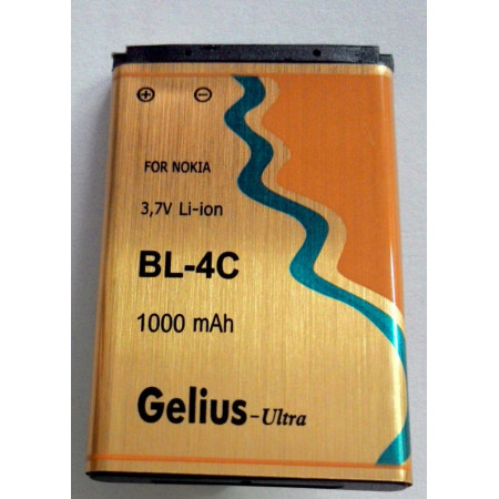 Акумулятор Gelius BL-4C для Nokia 1006, 1202, 1203, 1280, 1661, 1662, 2220, 2228, 2650, 2652, 2690, 3108, 3128, 3500, 5100, 6100, 6101, 6102, 6103, 6125, 6131, 6133, 6136, 6170, 6260, 6300, 6301, 7200, 7205, 7270, 8208, C1-01, C1-02, C2-05, X2-00 (1000 mA